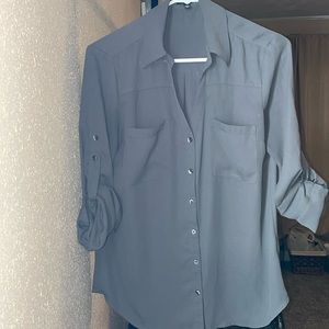 Express, sheer gray button down, 3/4 sleeve blouse